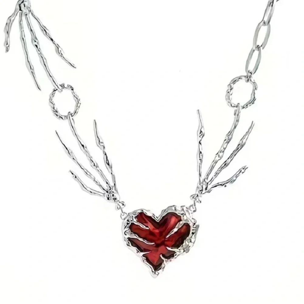 Silver and Red Heart  skeleton hand Necklace